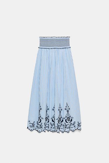 EMBROIDERED CHECK MIDI SKIRT - Blue/White by Zara - Image 5