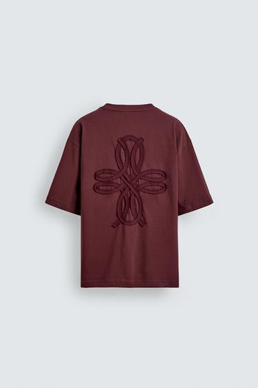 RELAXED FIT EMBROIDERED T-SHIRT - bordeaux/ecru by Zara - Image 7