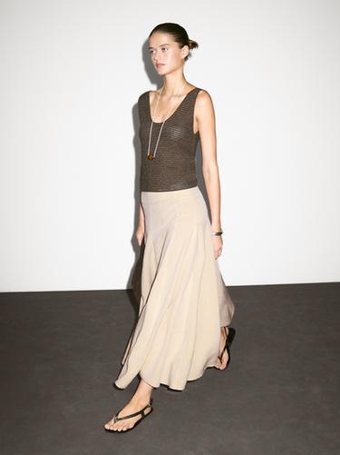Zara Flounce linen blend midi skirt - Beige - Image 0