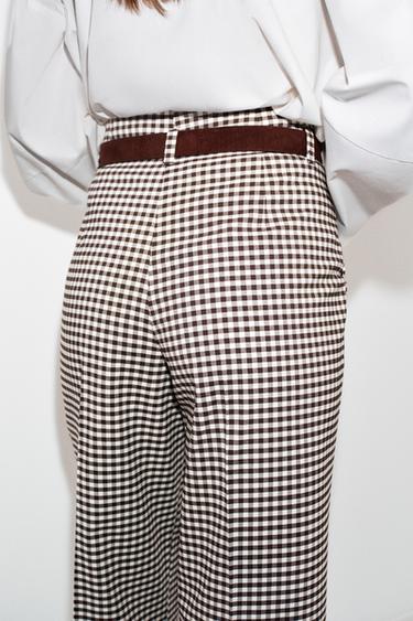 GINGHAM STRAIGHT TROUSERS WITH BELT - Brown by Zara - Image 6
