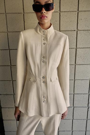 FITTED JACKET WITH LINEN AND SHOULDER PADS - Light beige by Zara