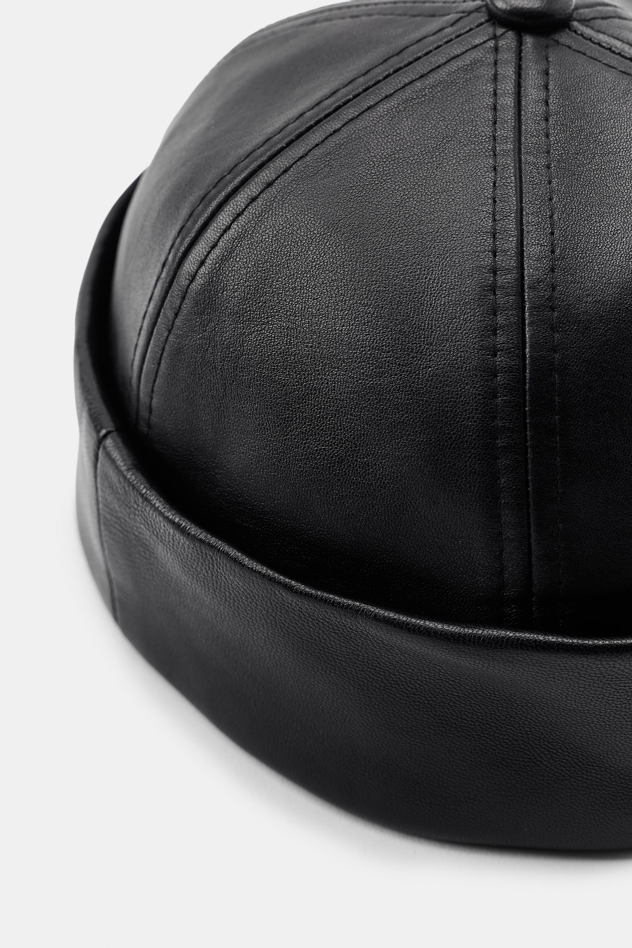 100% LEATHER HAT WITH TURNED-UP HEM