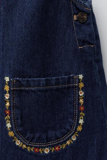 ROBE-SALOPETTE EN JEAN AVEC FLEURS BRODÉES - Bleu de Zara - Image 3