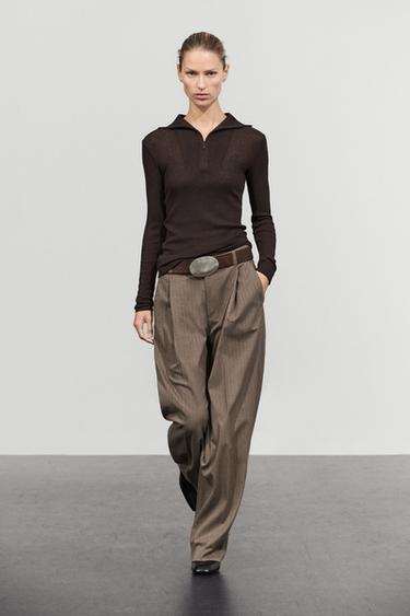 Cotton-blend quarter-zip long sleeve T-shirt — brown vigore 1
