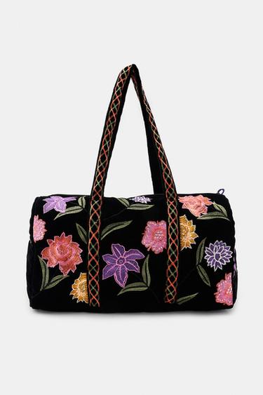 SAC MATELASSÉ EN VELOURS BRODERIES FLEURS - Noir de Zara