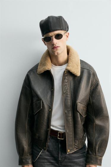 BLOUSON EN CUIR COL COMBINÉ ÉDITION LIMITÉE - Gris foncé de Zara - Image 5