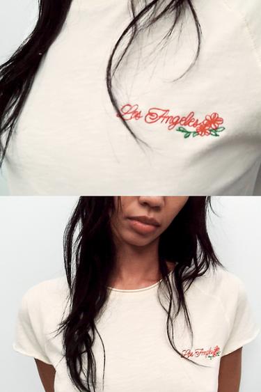 Zara TEXT RAGLAN SLEEVE T-SHIRT - Ecru