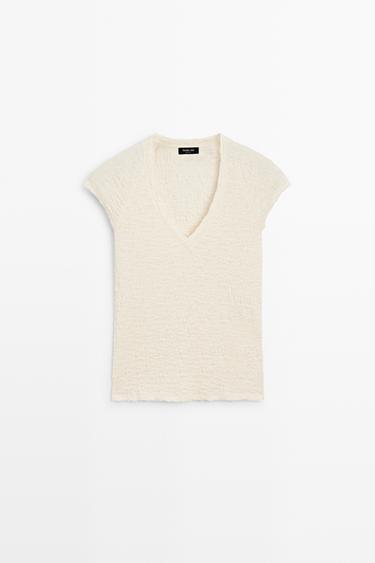 Zara Textured V-neck T-shirt - Ecru - Image 0