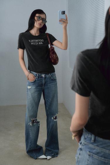 Zara 水洗感亮面文字 T 恤 - 煤灰色