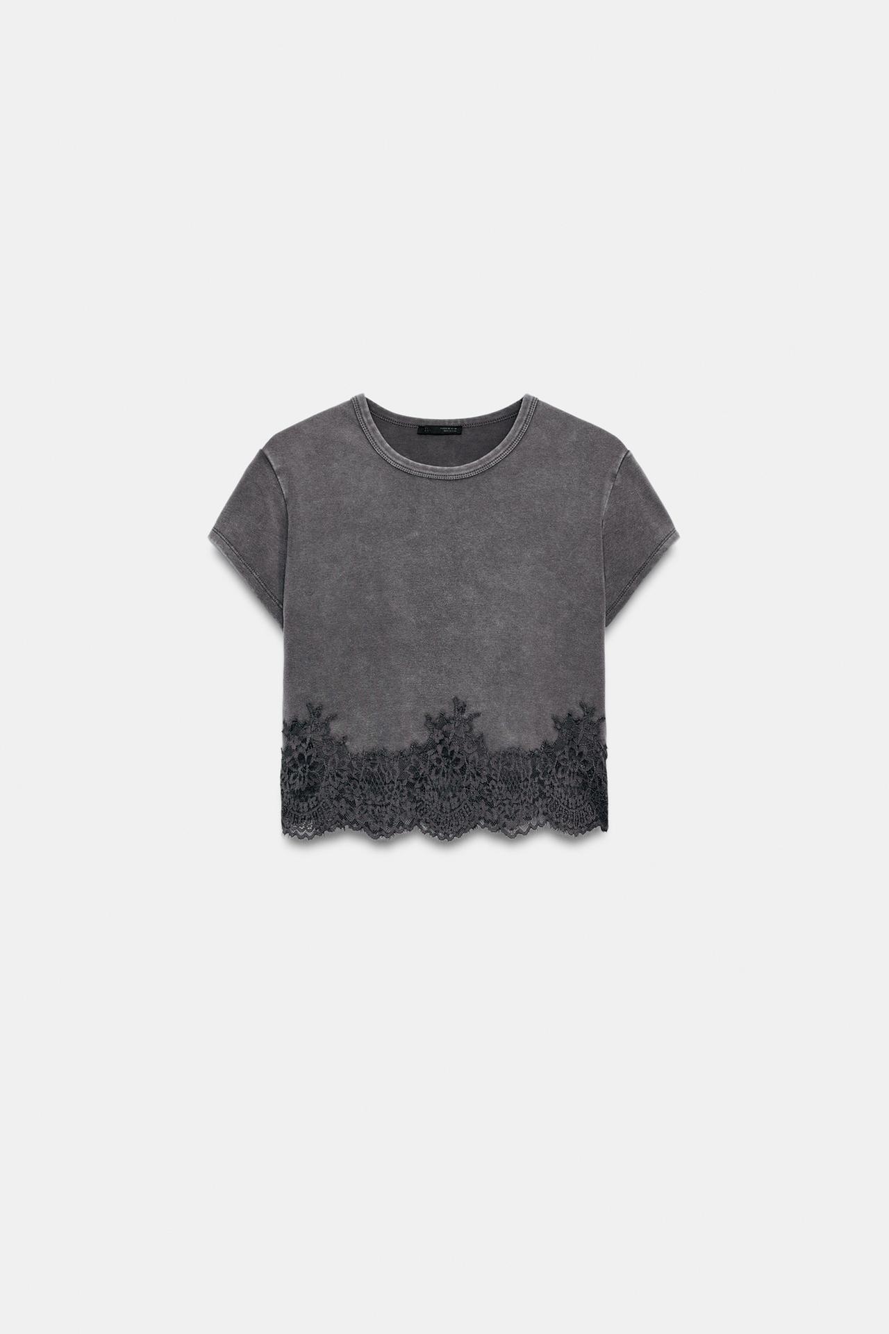 CROPPED LACE T-SHIRT — Gray
