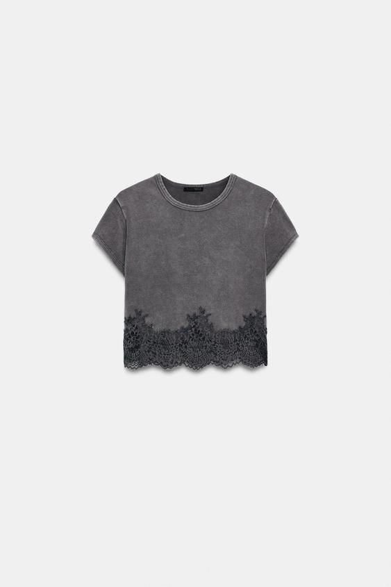 CROPPED LACE T-SHIRT - Grey by Zara - Image 0