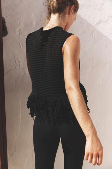 CHECK KNIT TOP WITH FRINGING - Black by Zara - Image 2