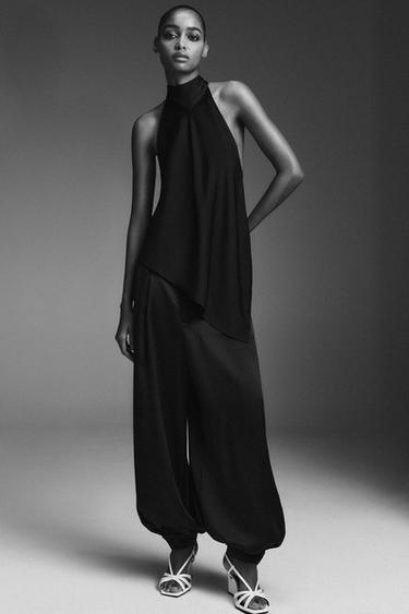 Zara SATIN EFFECT HALTER TOP - Black