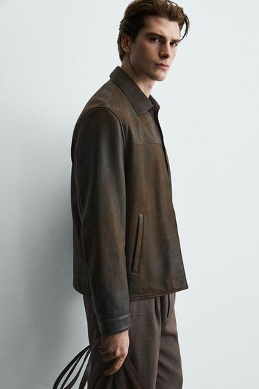 VINTAGE EFFECT LEATHER JACKET - Dark brown by Zara - Image 4