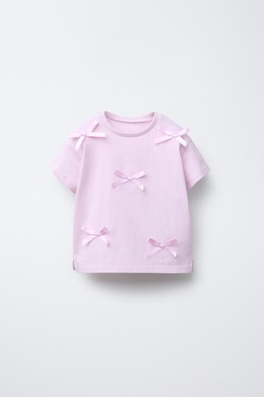 T-SHIRT WITH BOWS - Light mauve by Zara