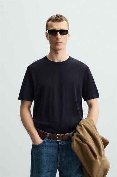 Zara REGULAR FIT KNIT T-SHIRT - Navy blue