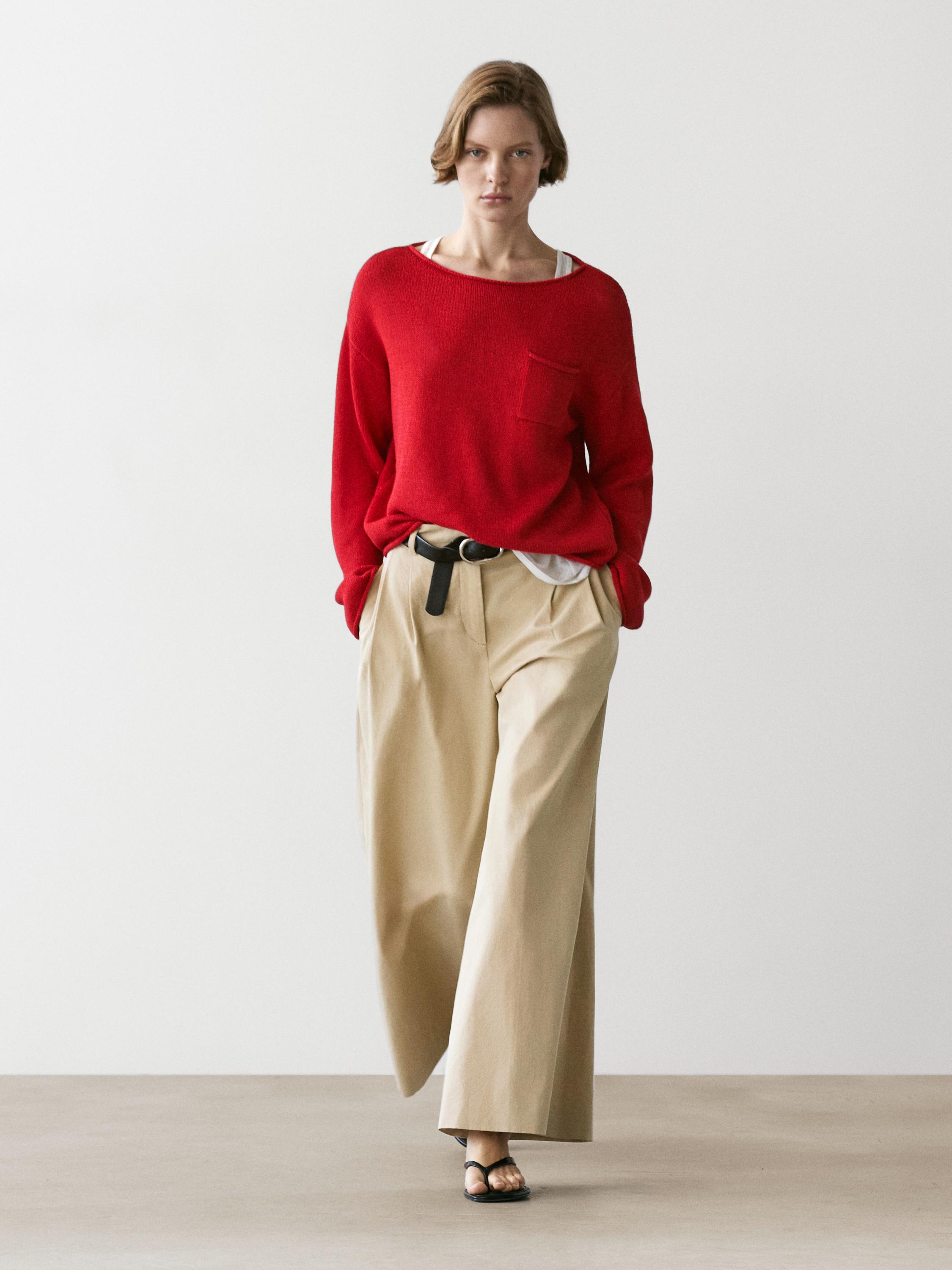 Cotton and linen knit sweater with pocket detail