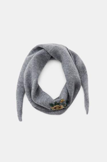KNITTED BANDANA WITH FLORAL EMBROIDERY AND BEADS - Grey by Zara