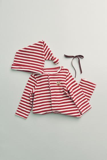 Zara STRIPED TOWEL JUMPSUIT AND POMPOM HAT - Dark red