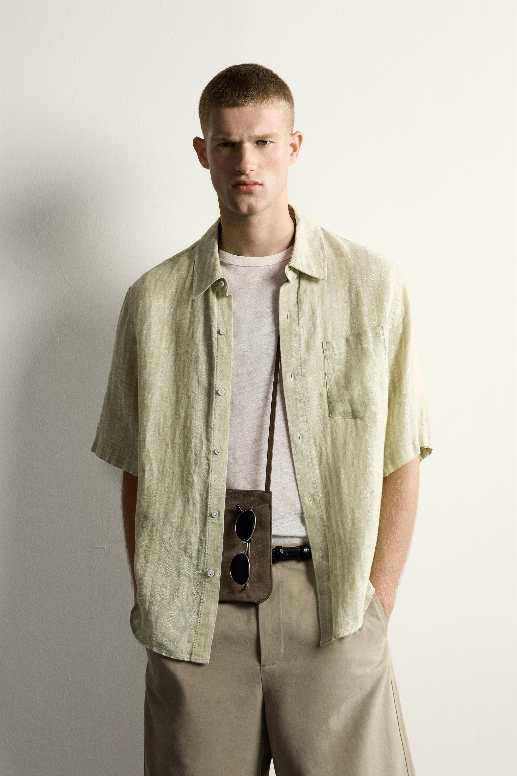 100% LINEN STRIPED JACQUARD SHIRT — Light green