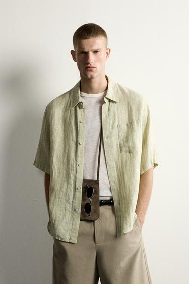 CAMISA JACQUARD RAYAS 100% LINO - Verde claro de Zara