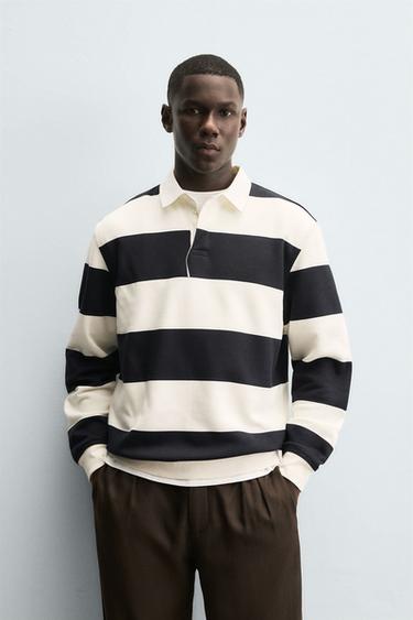 Zara CONTRAST COLLAR POLO SWEATSHIRT - Ecru / Navy