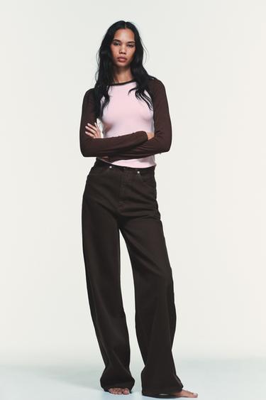 Zara TRF HIGH-RISE EXTRA WIDE LEG JEANS - Brown