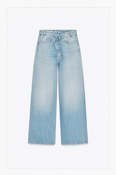 Zara TRF HIGH WAIST CROSSOVER WAIST WIDE LEG JEANS - Light blue