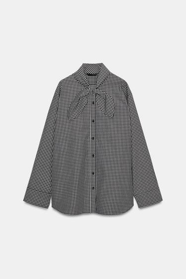 Zara 方格口袋巾府綢襯衫 - 黑色 / 白色