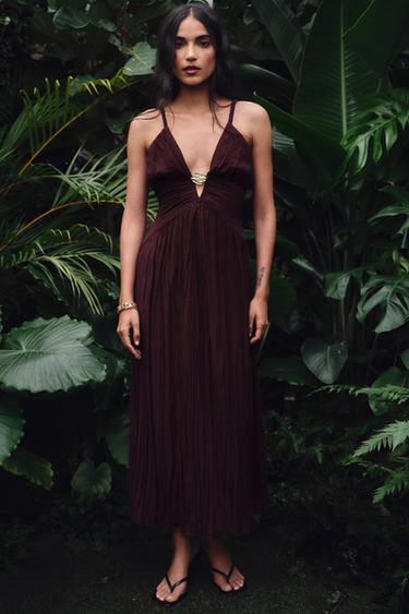 METALLIC DETAIL MIDI DRESS - Burgundy by Zara - Image 0