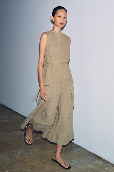 ZW COLLECTION WIDE-LEG LINEN BLEND TROUSERS - Khaki by Zara