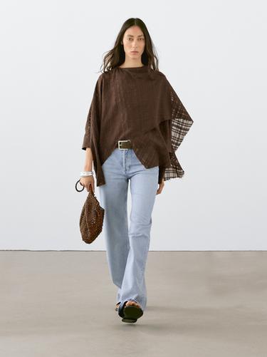 Zara Check linen blend cape - Brown - Image 0