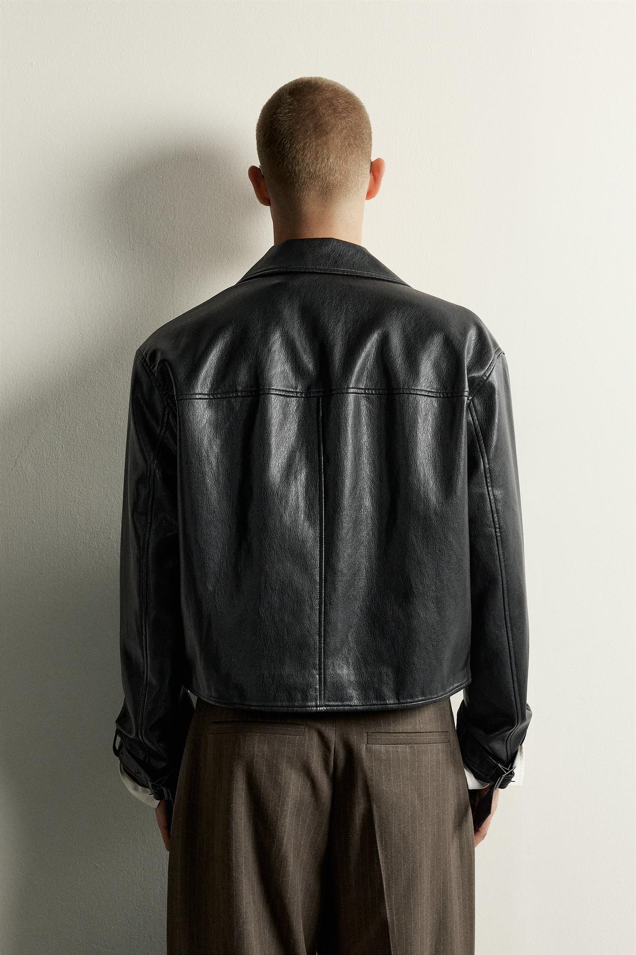 CROPPED FAUX LEATHER JACKET — Black