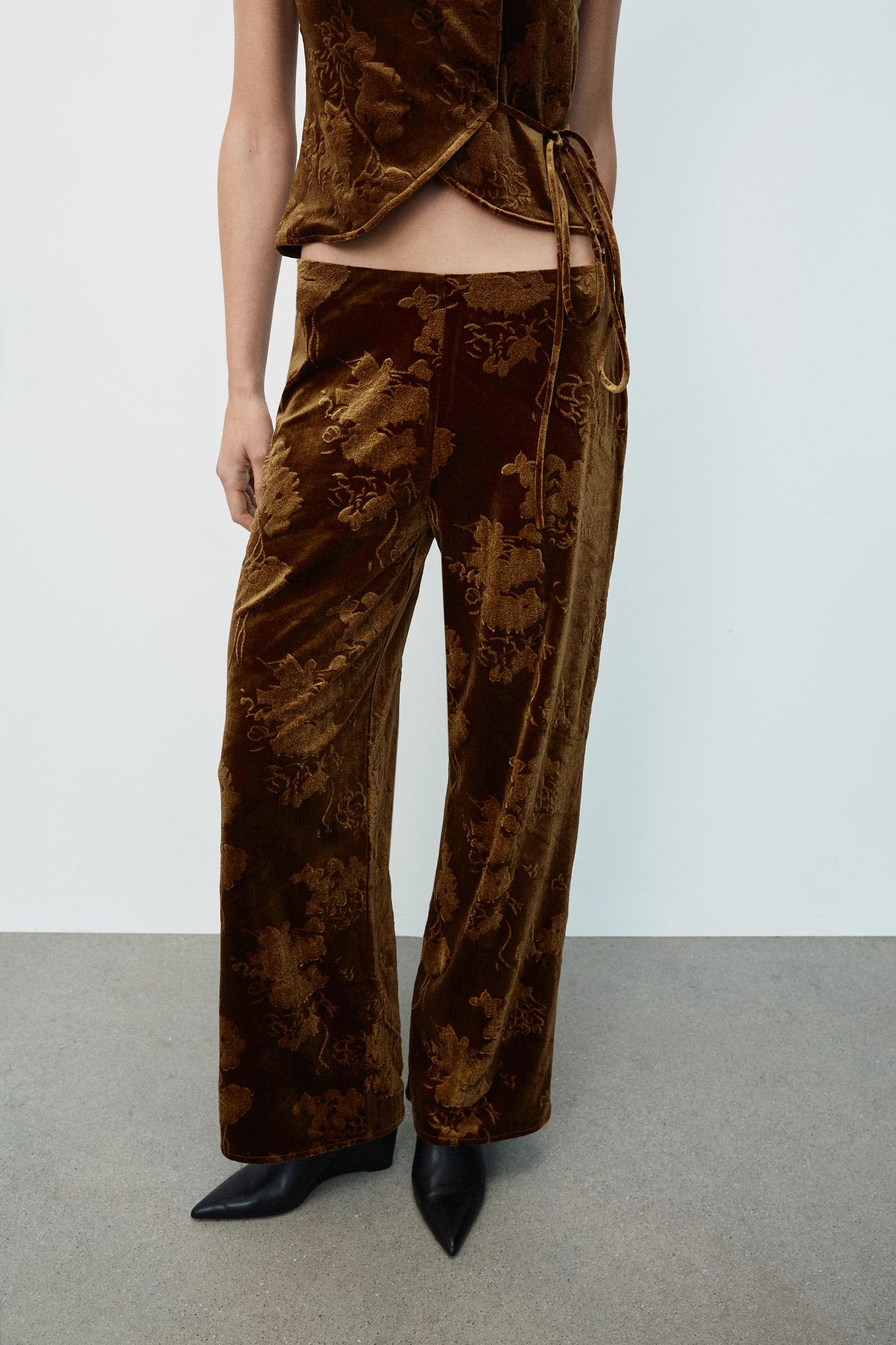 Женские брюки Zara Velvet Print, цвет: Коричневый / Зелёный — фото 2