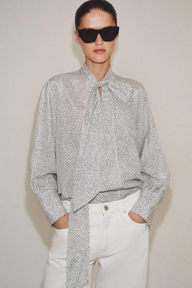 POLKA DOT SHIRT WITH BOW ZW COLLECTION - Ecru / Black by Zara