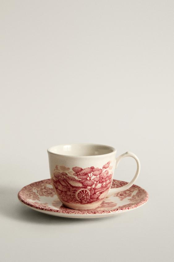 TAZA CAFÉ Y PLATO LOZA FLORES Y PAISAJE - Burdeos de Zara - Imagen 0
