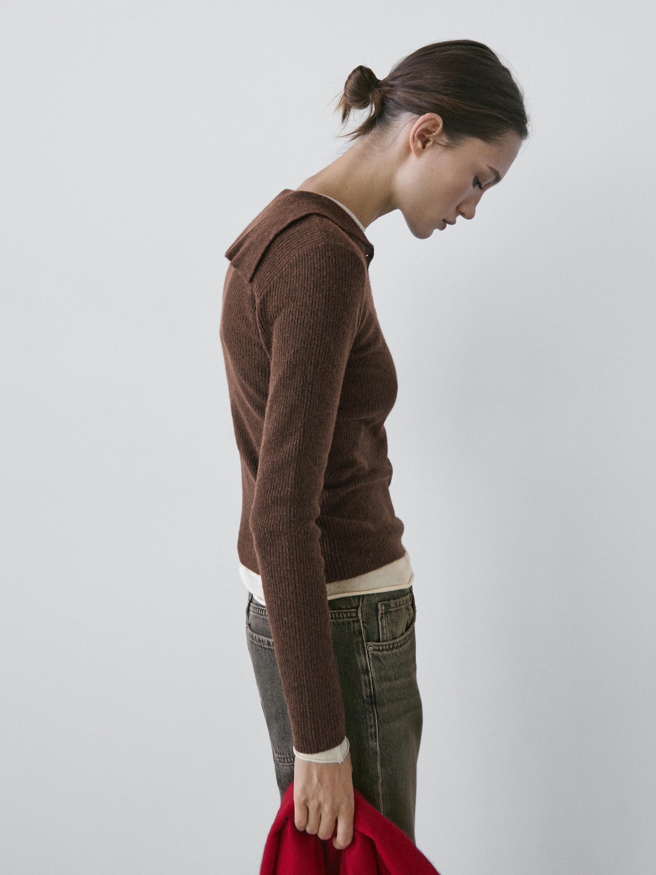 Melange knit polo sweater with collar detail