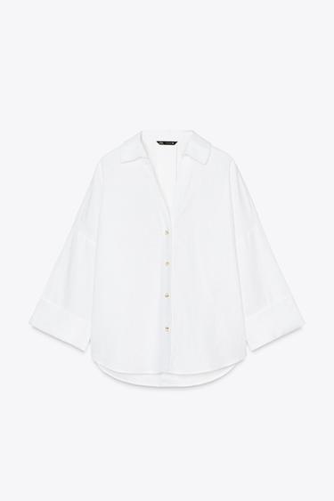 WIDE-SLEEVE LINEN BLEND SHIRT - White by Zara - Image 3