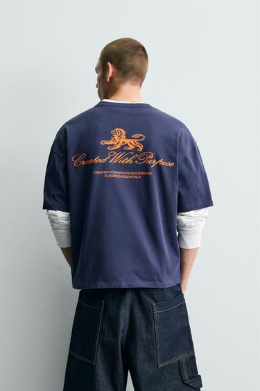 T-SHIRT MET TEKSTPRINT EN CONTRAST - Marineblauw van Zara