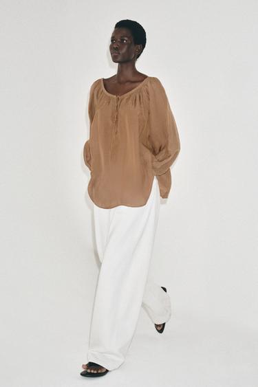 ZW 컬렉션 린넨 블라우스 - Zara 토피