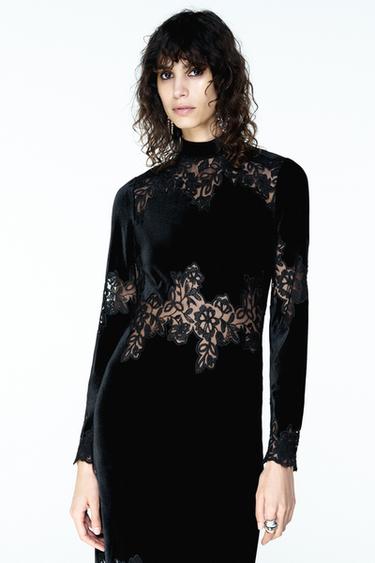 ROBE EN VELOURS AVEC DENTELLE - Noir de Zara