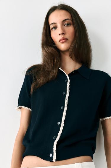 Zara SHORT SLEEVE KNIT CARDIGAN WITH LACE TRIM - Navy blue