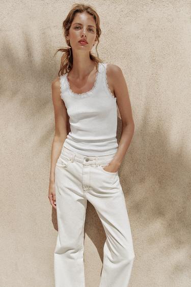 TOP ME PERLA DANTELLE - E bardhë e thyer nga Zara