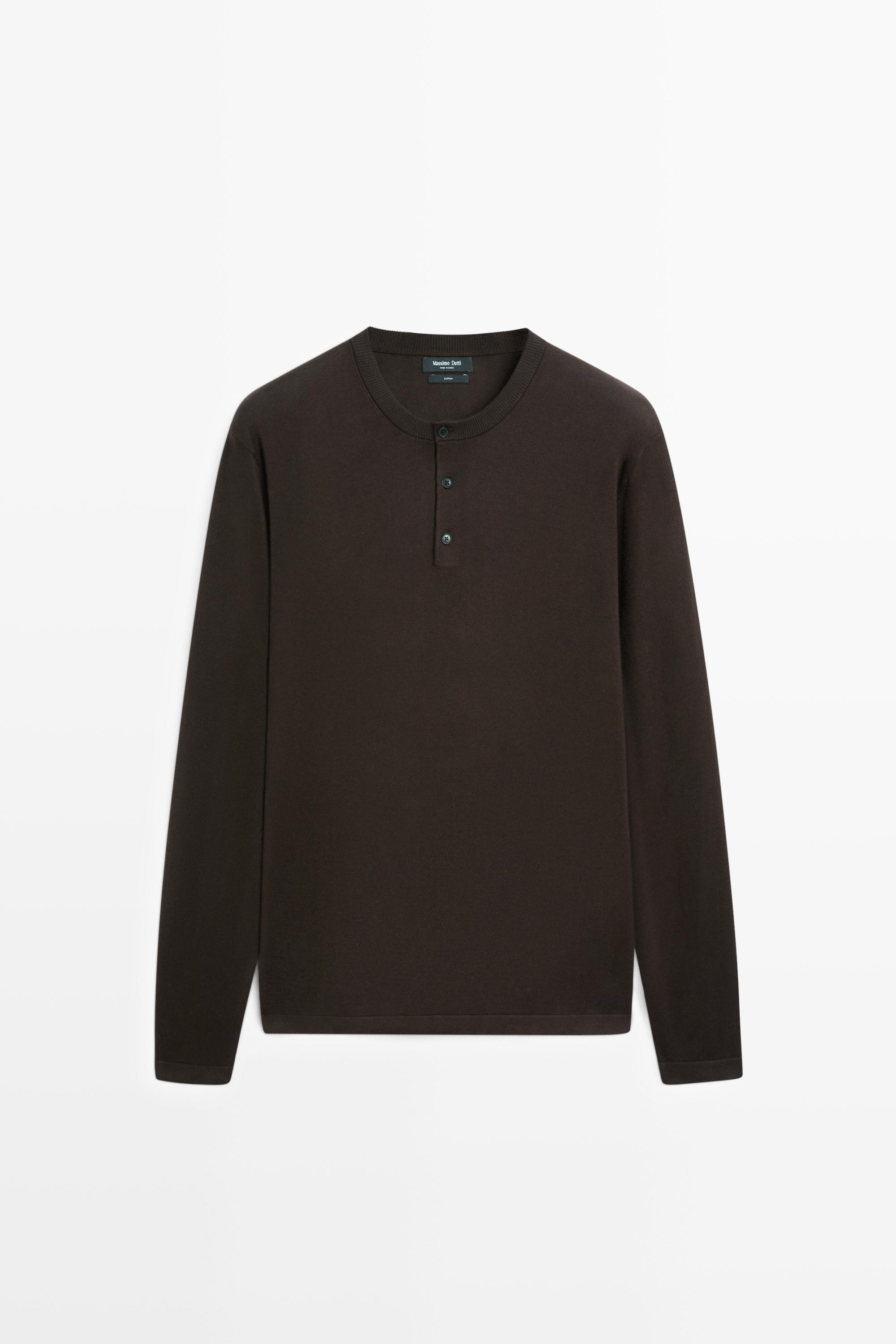 100% Cotton Henley Neck Knit Sweater — Brown marl