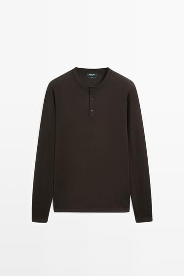 Zara 100% Cotton Henley Neck Knit Sweater - Brown marl - Image 0