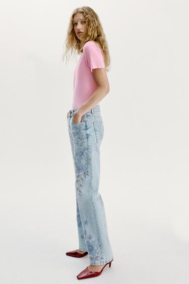 JEAN Z1975 DROIT TAILLE MI-HAUTE LONG IMPRIMÉ FLEURI - Bleu moyen de Zara - Image 3