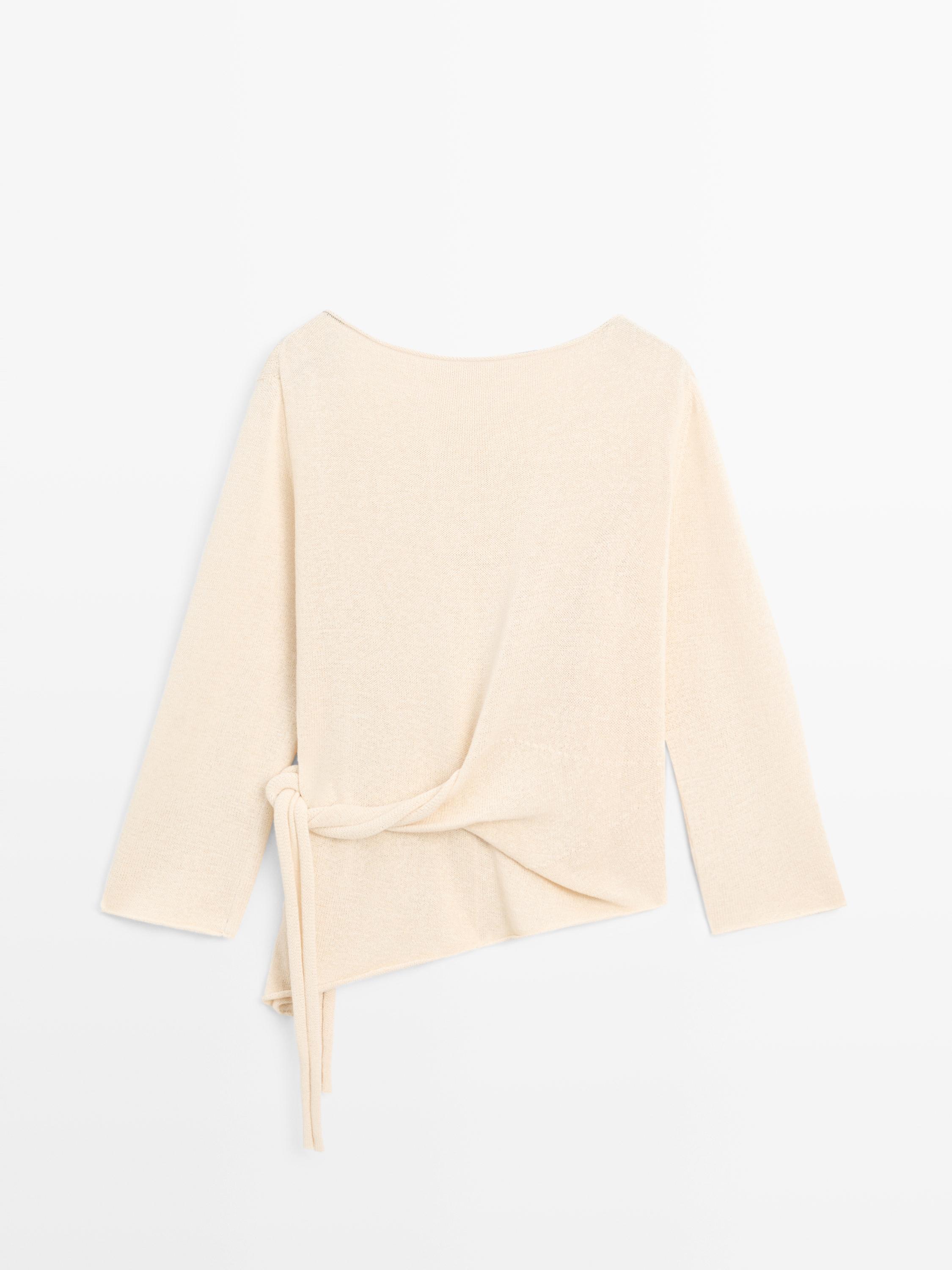 Asymmetric linen blend sweater with tie detail