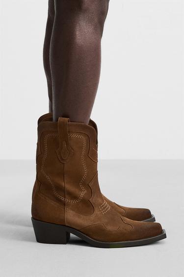 LEATHER COWBOY BOOTS - Brown by Zara - Image 0