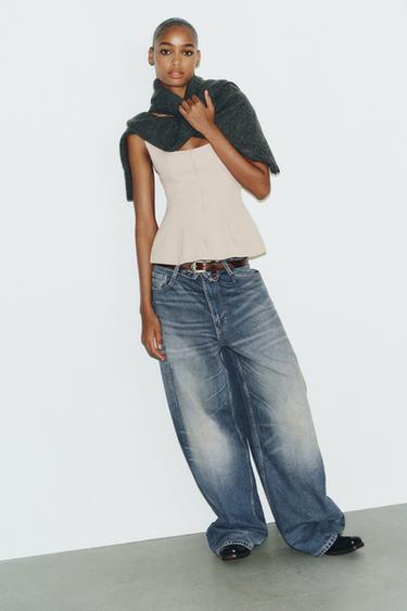 Zara ZIPPER PEPLUM TOP - Beige - Image 0