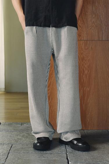 Zara 條紋舒適泡泡紗長褲 - 藍色 / 白色